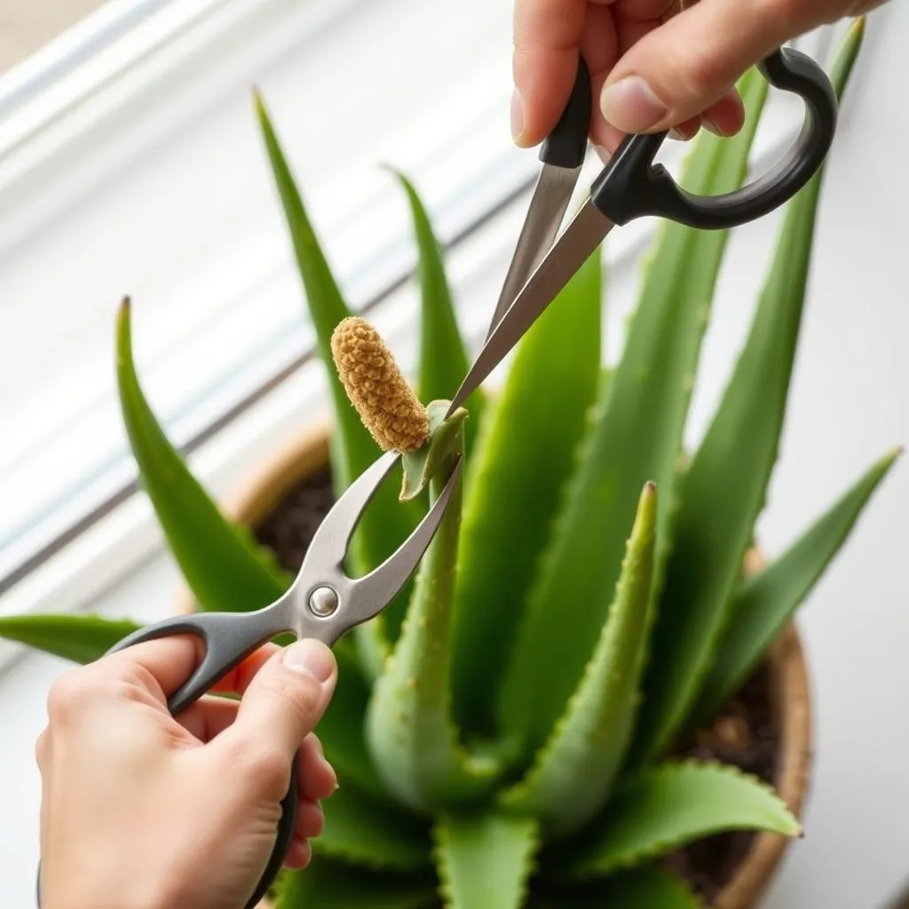 How to Grow Aloe Vera Plant Flower at Home 4 Hand trimming dried aloe vera flower stalk on a bright windowsill