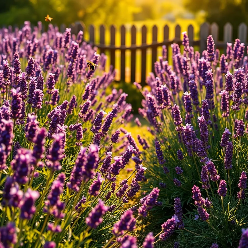 Purple Flower Perennial Plants: How to Choose & Plant Now 2 Close-up of fragrant purple lavender flowers blooming in a sunny garden border with bees collecting nectar.