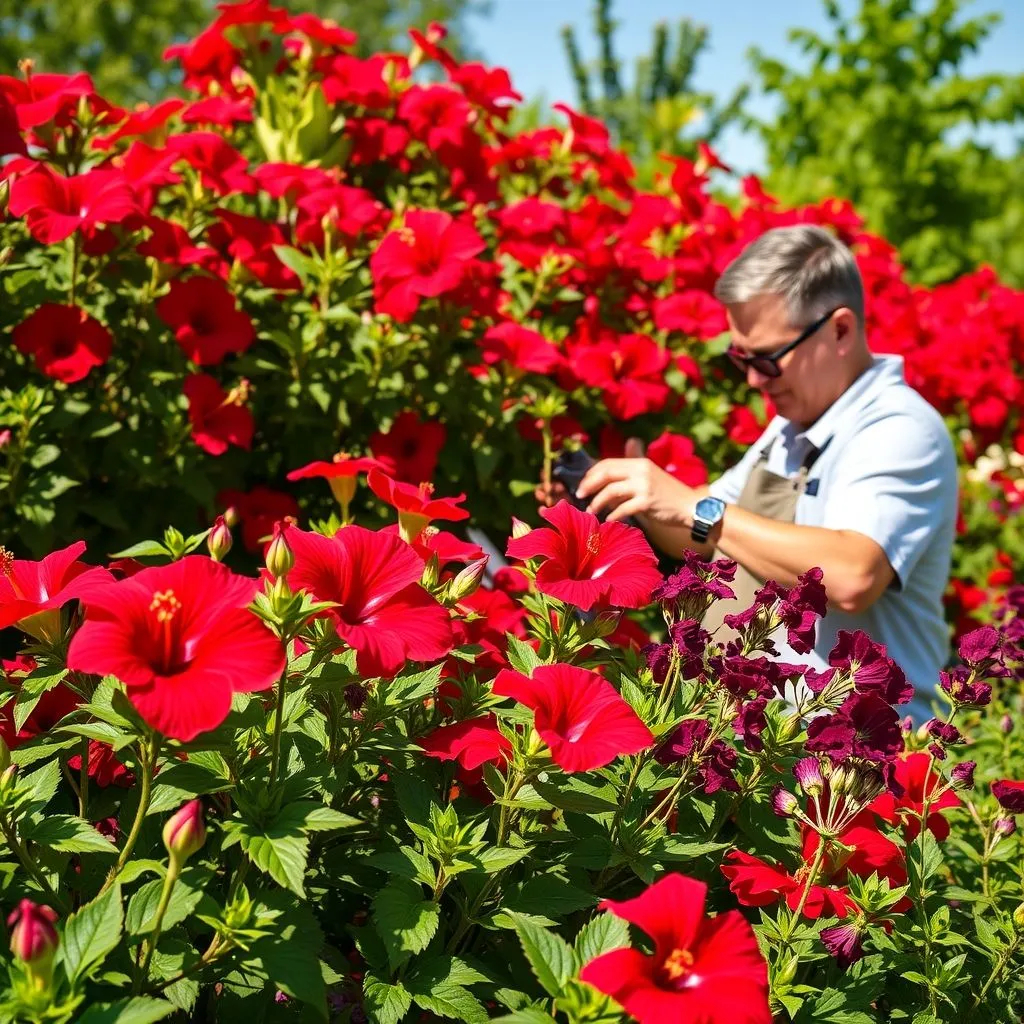 Brighten Your Space with Stunning Red Flower Plant 3 Bright red flowering plants in a sunny garden bed with a gardener pruning them