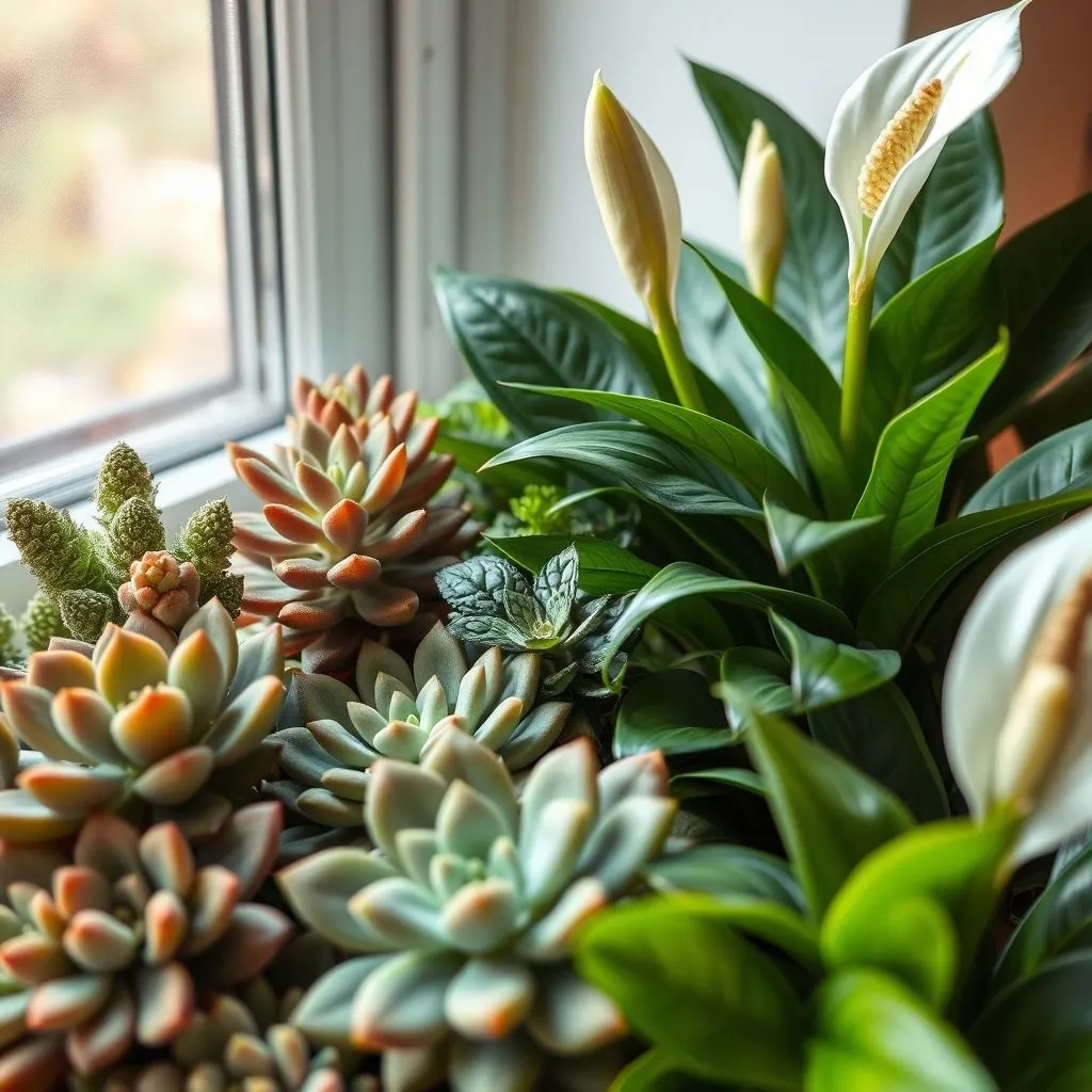 A variety of easy-care indoor plants on a table, showcasing different shapes and textures.