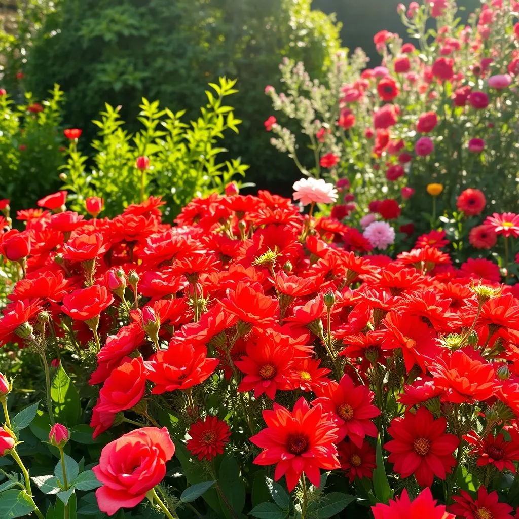 Brighten Your Space with Stunning Red Flower Plant 4 Vibrant red flower garden with blooming roses and tulips in sunlight.