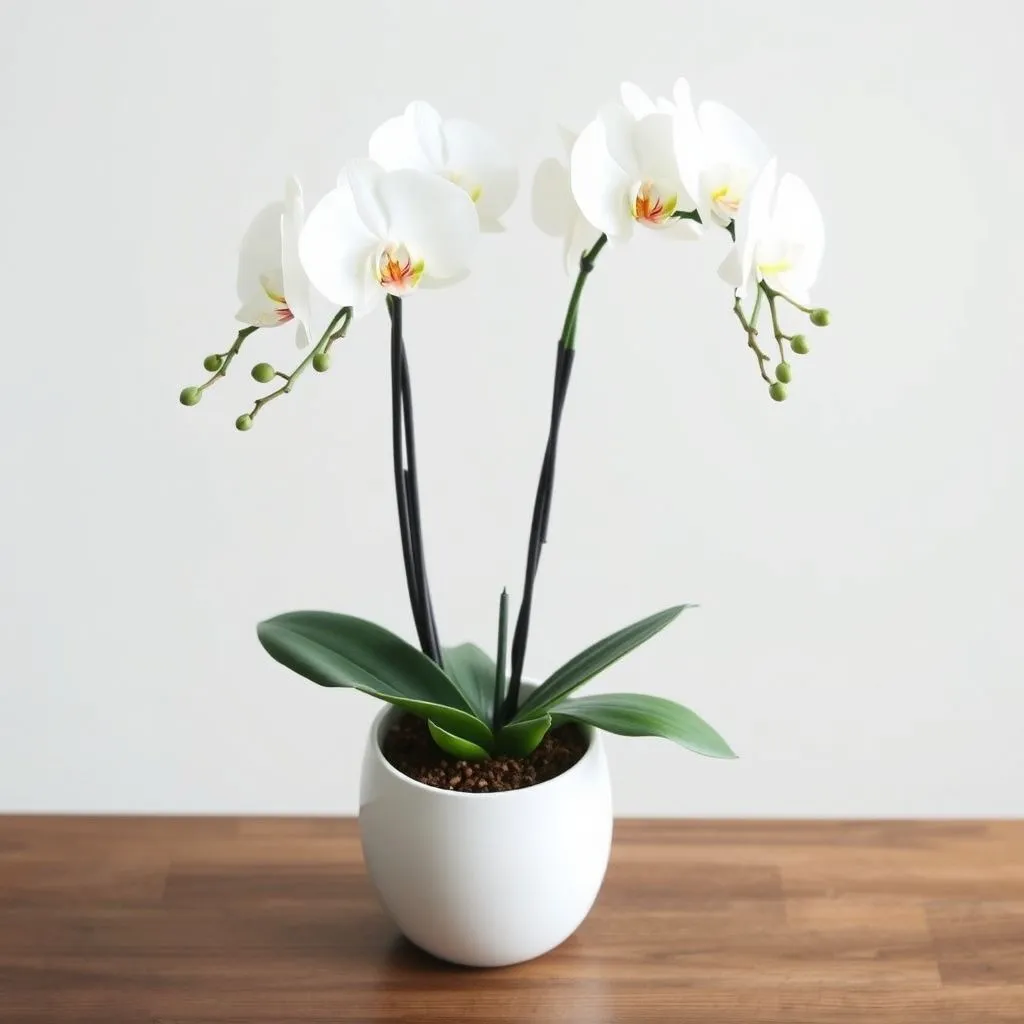 10 Easy White Flower Plants to Grow at Home 4 White Orchid in a Modern Vase: A fragrant white flower plant displayed in a sleek, contemporary vase on a wooden table.