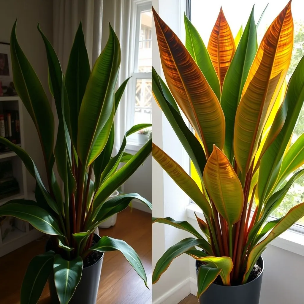 6 Mistakes to Avoid with Your Strelitzia Indoor Plant 2 comparison of strelitzia indoor plant with leggy growth in low light and leaf scorch in harsh midday sun