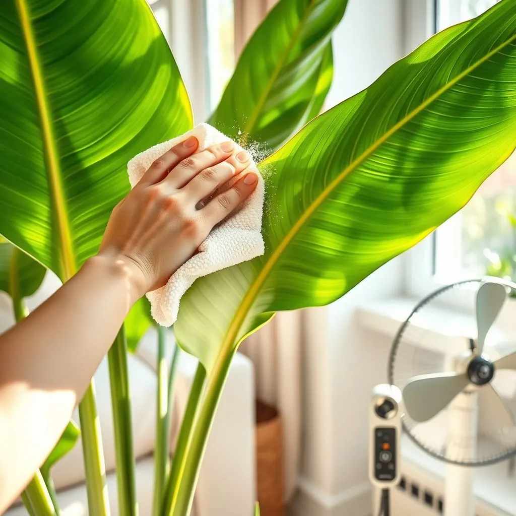 6 Mistakes to Avoid with Your Strelitzia Indoor Plant 4 wiping dust from a strelitzia indoor plant leaf with a microfiber cloth beside a small oscillating fan