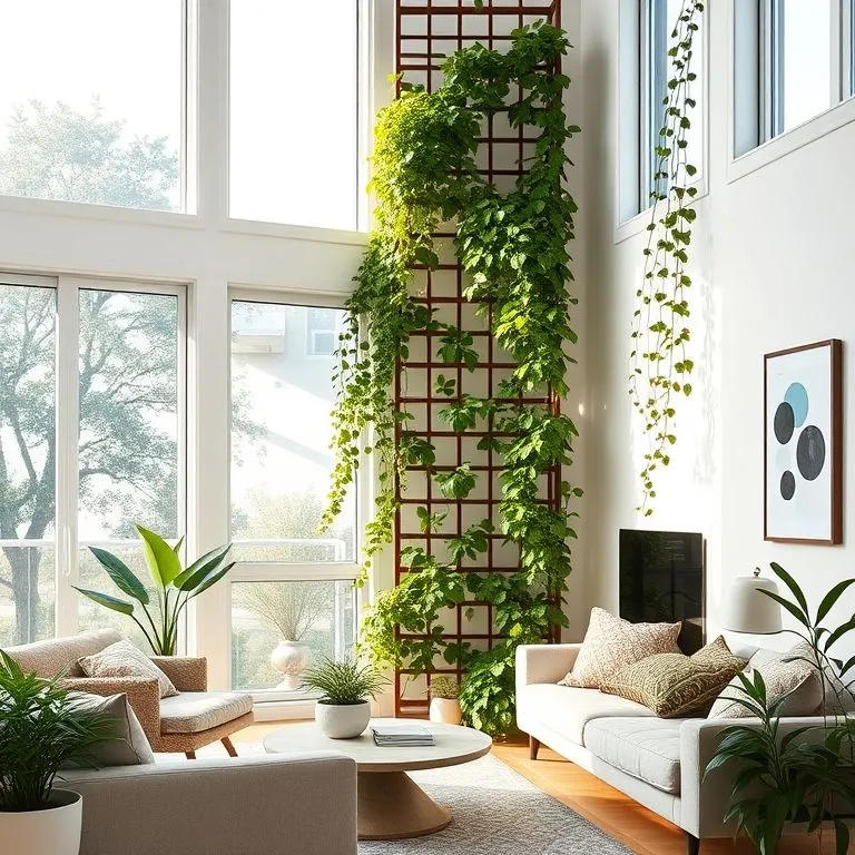 The Best Indoor Climbing Plants to Elevate Empty Spaces 3 Indoor climbing plants growing on a trellis in a modern living room corner.