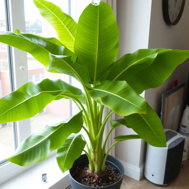 A healthy large indoor plant with broad architectural leaves standing in a bright corner