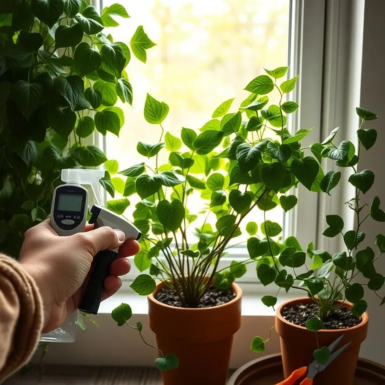 Indoor Ivy Plants Made Easy: Stop Leggy, Droopy Growth 2 Person diagnosing indoor ivy plants by a bright window using a moisture meter, sprayer, and pruning shears.