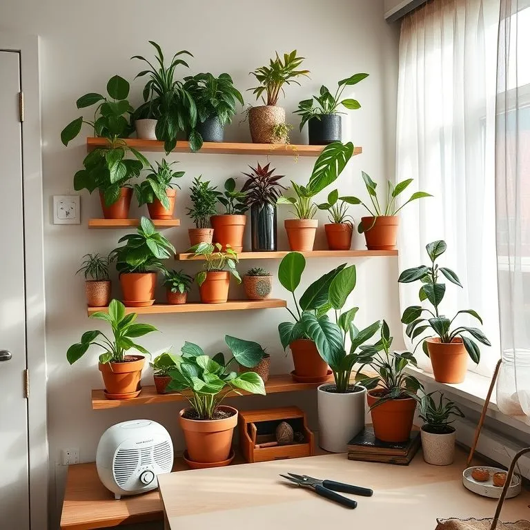Why Indoor Foliage Plants Fail—and How to Fix Them 4 Gen Z apartment shelf styled with indoor foliage plants, propagation jar, and humidifier near a bright window.