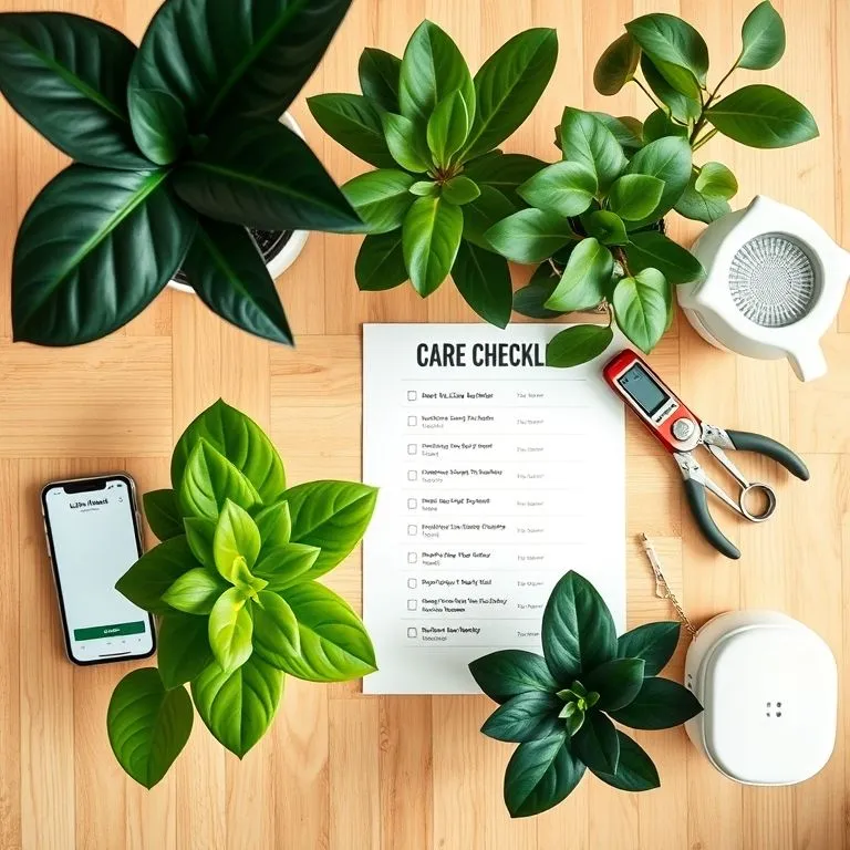 Why Indoor Foliage Plants Fail—and How to Fix Them 2 Text: Flat‑lay checklist and tools for indoor foliage plants care beside healthy houseplants.