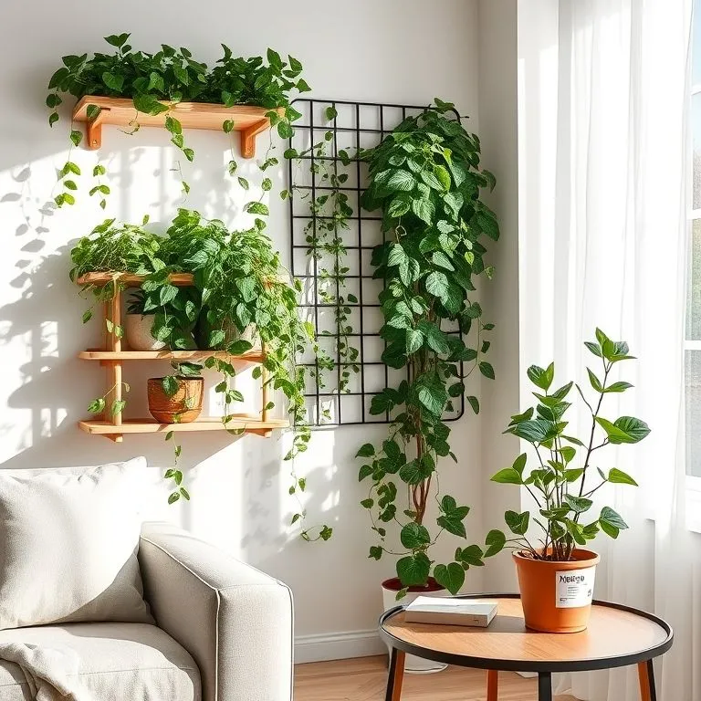 Indoor Ivy Plants Made Easy: Stop Leggy, Droopy Growth 4 Styled living room with healthy indoor ivy plants on a shelf and wall trellis, plus a newly delivered nursery pot.