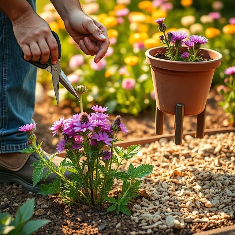 7 Proven Fixes for Your Pincushion Flower Plant 2 Gardener triaging a pincushion flower plant (Scabiosa) by checking soil, deadheading, and improving drainage in full sun.