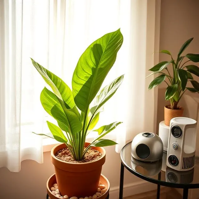Indoor elephant ear plant in bright indirect light with humidifier, terracotta pot, and well‑draining soil mix.