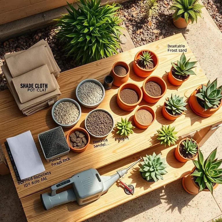 How to Master Succulent Care Outdoors in 9 Easy Wins 4 Tools for succulent care outdoors including shade cloth, frost cover, gritty mix ingredients, pot feet, and terracotta pots on a patio bench.
