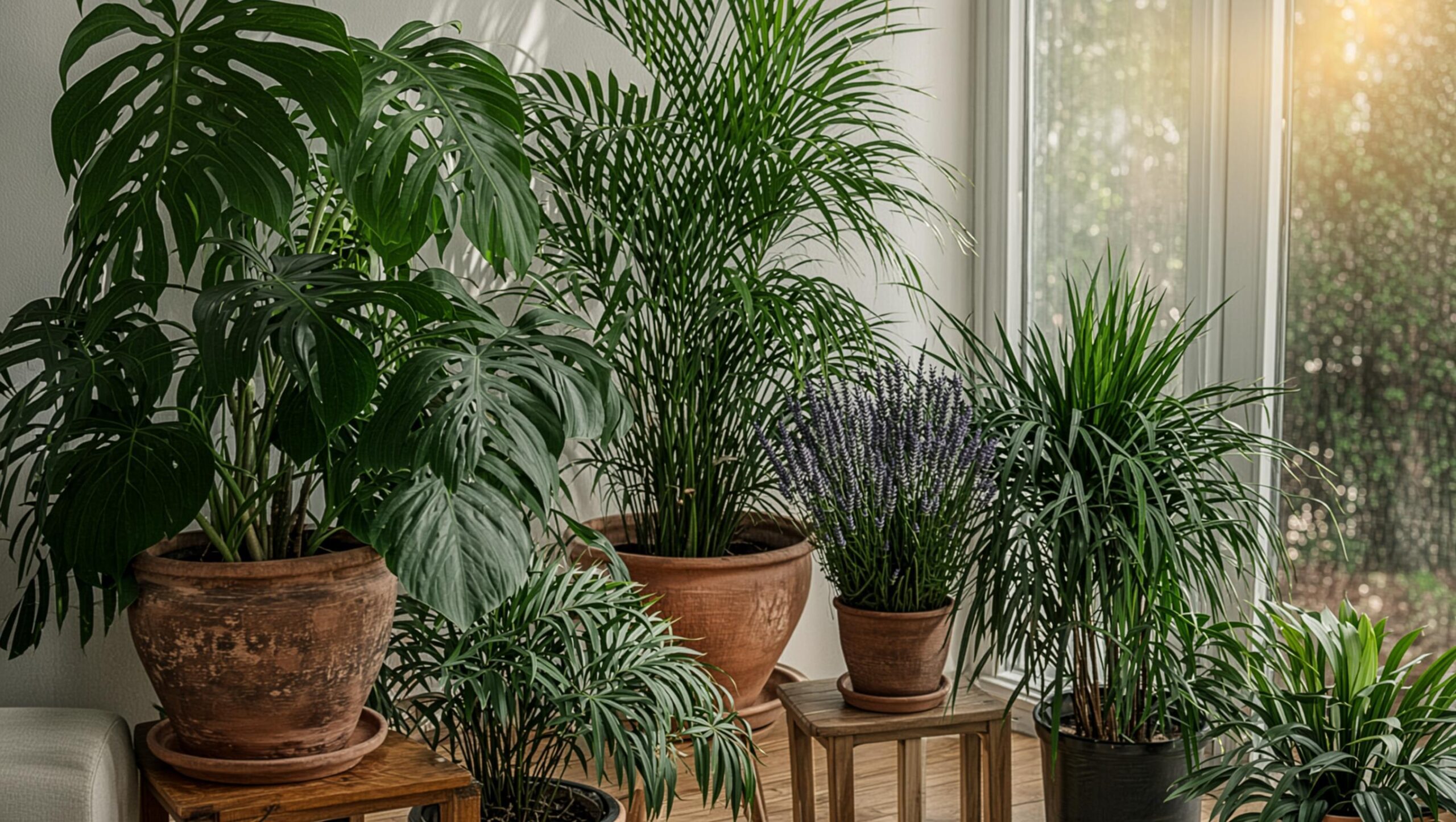 Elegant Indoor Plant Setup with Lavender and Tall Green Plants