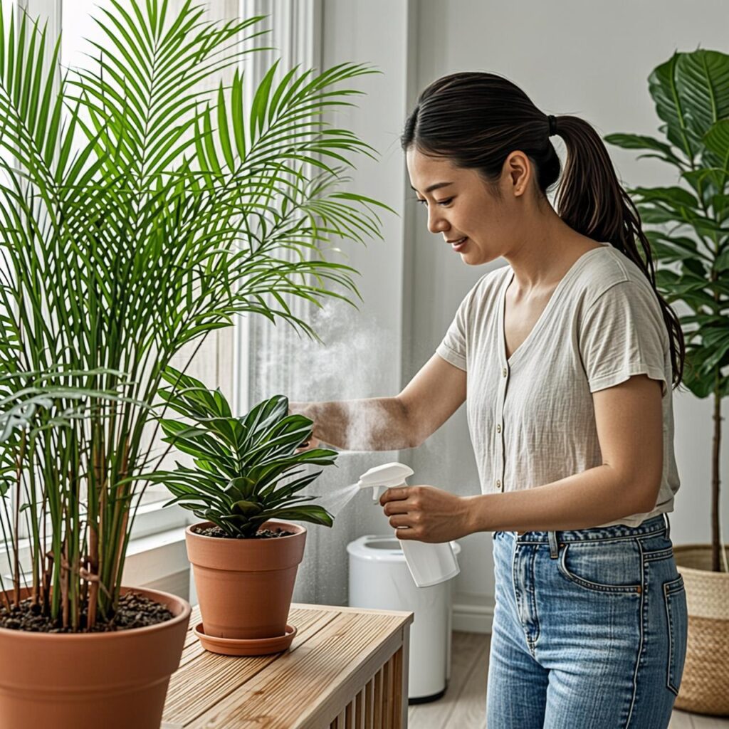 12 Beautiful Types of Indoor Palm Plants You’ll Love 4 Person caring for different types of indoor palm plants in a bright home environment.