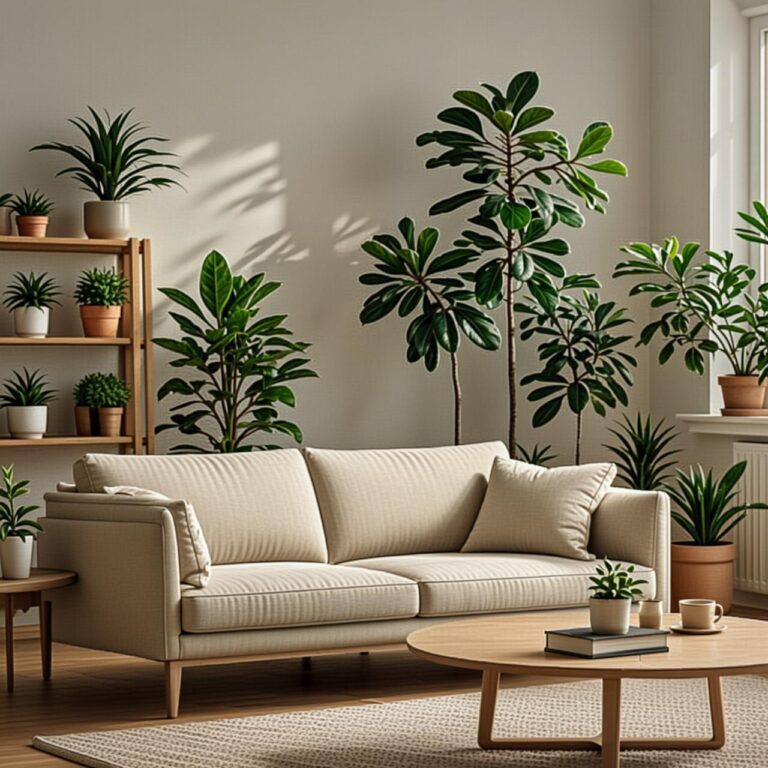 Stylish living room featuring unique indoor plants placed in modern interior design
