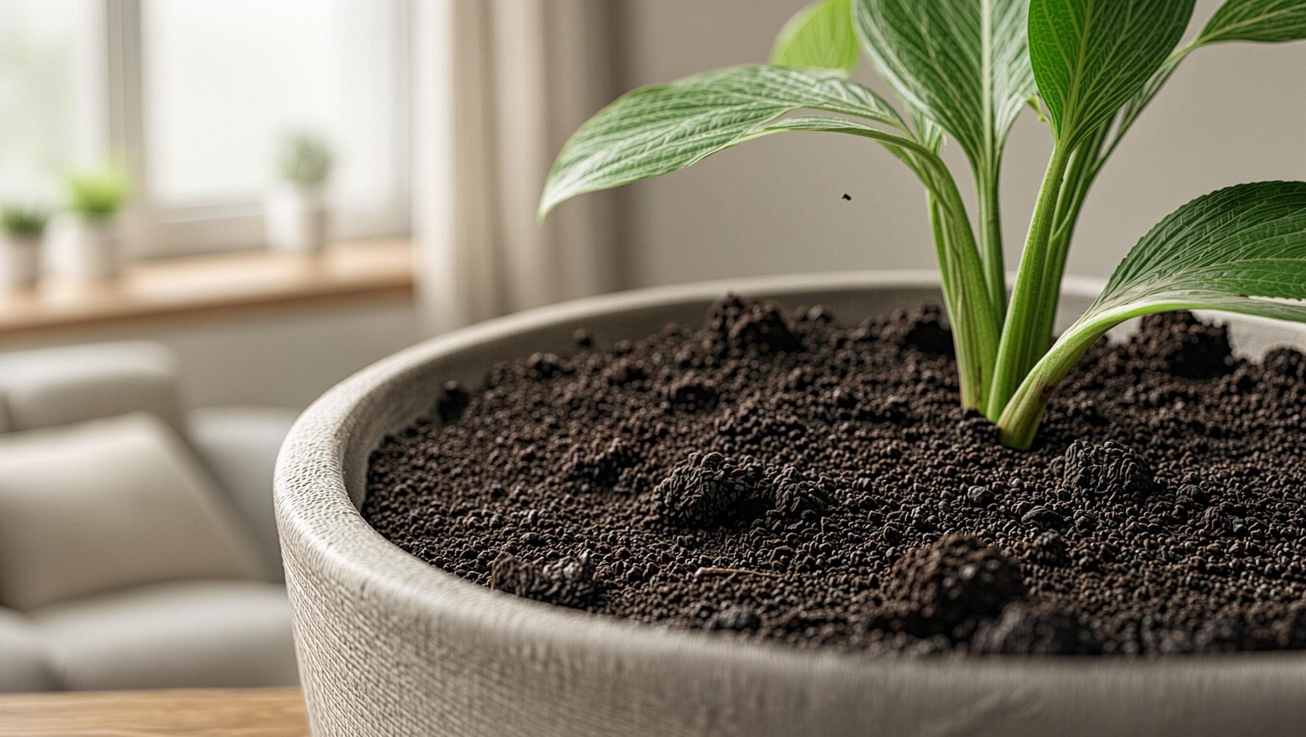 Damp Soil Breeding Ground for Fungus Gnats Close-up of damp potting soil creating an ideal breeding habitat for fungus gnats in houseplants