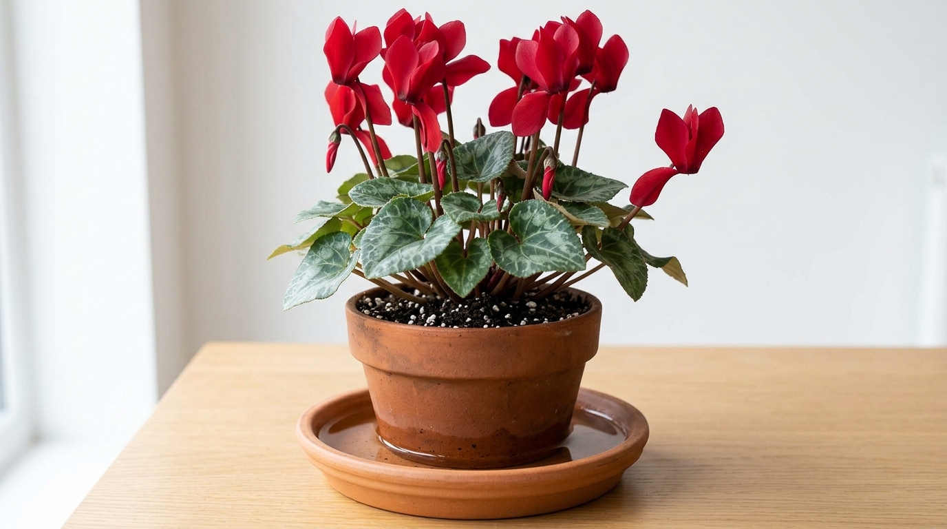Care of Indoor Cyclamen Plants: 7 Ultimate Secrets 3 Bottom watering method for indoor cyclamen plant — terracotta pot in a saucer of water showing correct cyclamen care technique