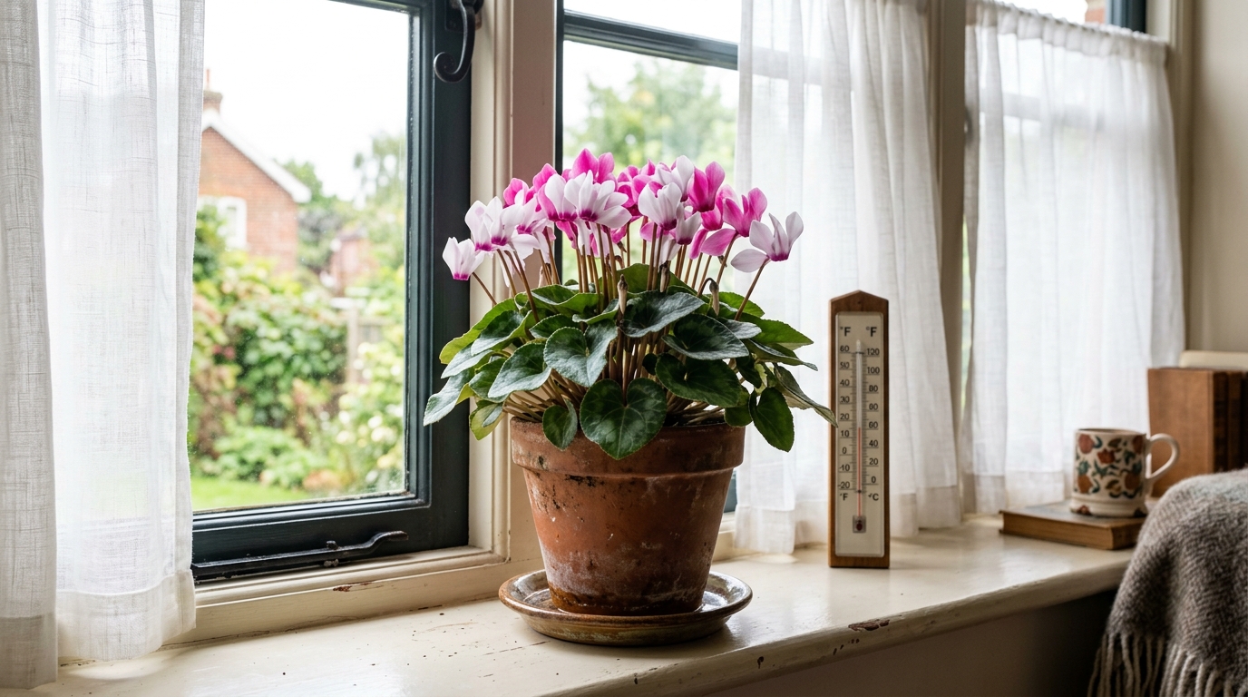 ZZ Plant Care: 7 Easy Rules for Indestructible Plants 1 Indoor cyclamen plant with pink flowers on bright cool windowsill with thermometer showing ideal temperature for care of indoor cyclamen plants
