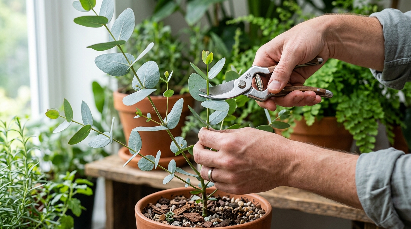 Growing Eucalyptus Plant Indoors: 7 Ultimate Secrets for Thriving Aromatic Foliage 4 Close up of pruning and pinching stems of an indoor eucalyptus plant to stimulate bushy growth