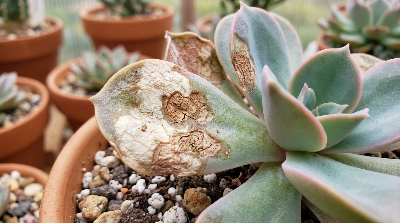 Sun Stress Succulent Sunburn Care: 7 Ultimate Secrets 3 Severe sunburn scars and bleached necrotic patches on succulent foliage requiring sun stress succulent sunburn care