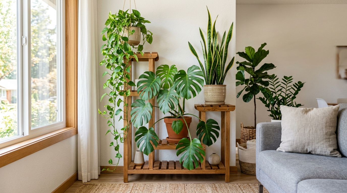 Best Houseplants for Low Light: 7 Proven Joyful Choices 1 A vibrant collection of the best houseplants styled on a wooden plant stand in a modern living room
