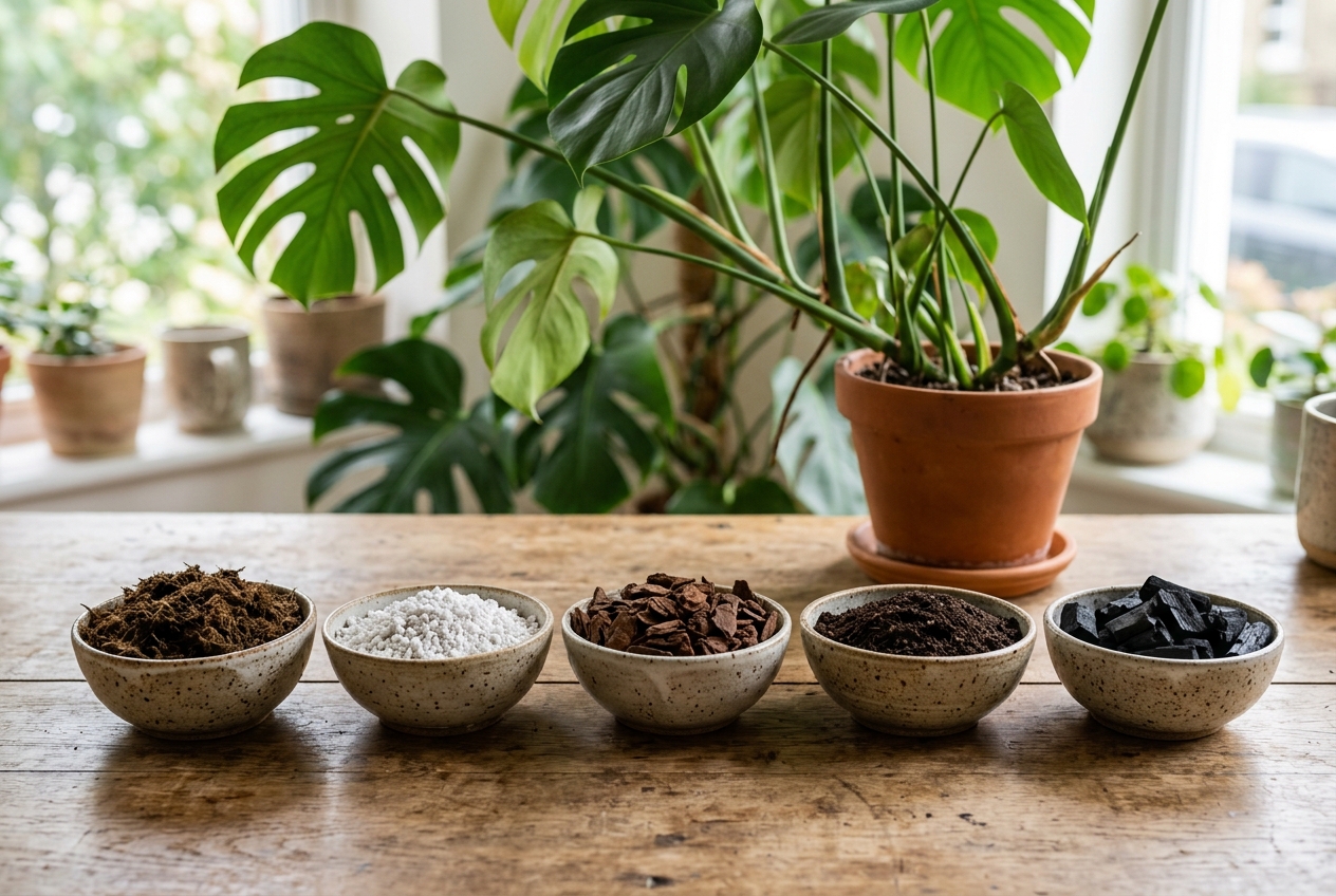 Monstera Houseplant: 7 Proven Secrets for Thriving Foliage 1 Monstera soil mix ingredients laid out in separate bowls including peat moss perlite orchid bark worm castings and charcoal
