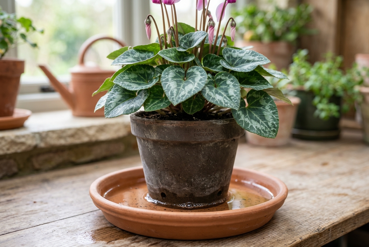 Cyclamen Indoor Care: 7 Pro Steps for Nonstop Blooms 3 Bottom watering a cyclamen plant by placing the pot in a shallow dish of water with heart-shaped silver-patterned leaves visible