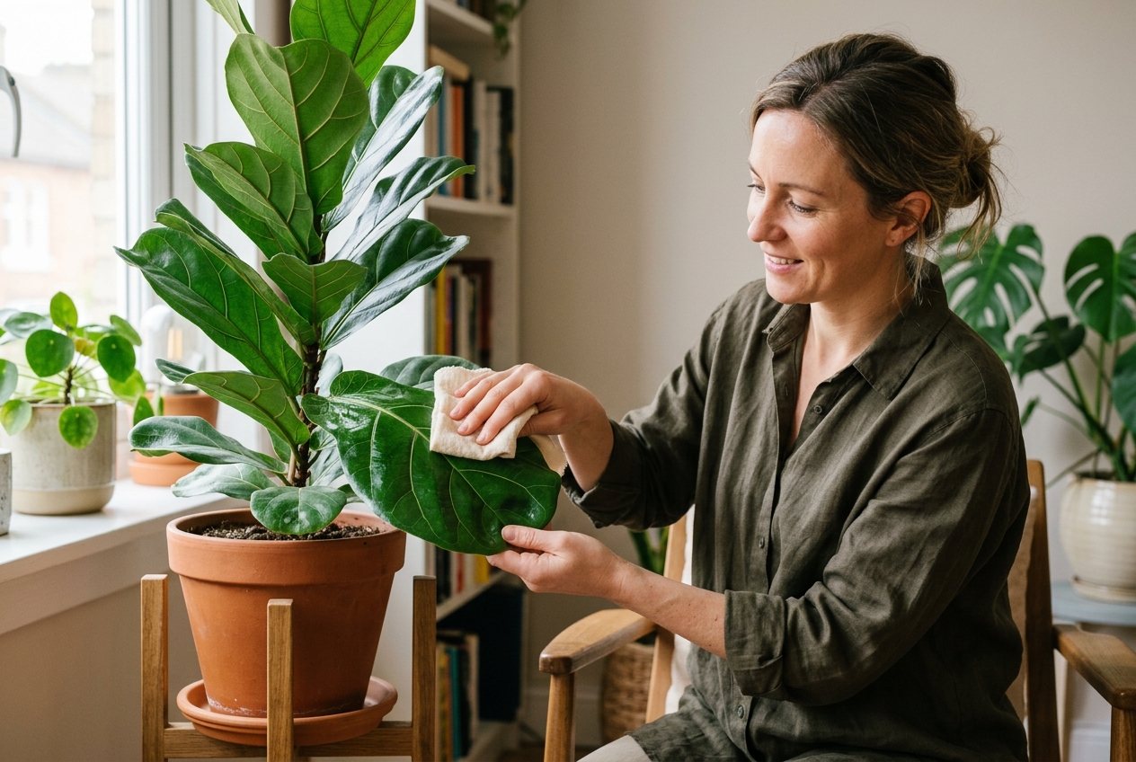 Cleaning Foliage on Popular Houseplants for Maximum Photosynthesis Dennis P. Hansen wiping broad green leaves of popular houseplants with a damp microfiber cloth