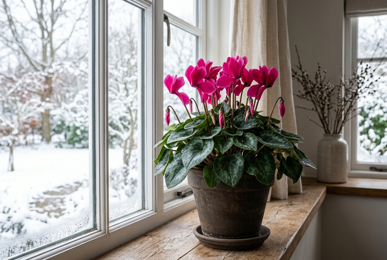 Cyclamen Indoor Care: 7 Pro Steps for Nonstop Blooms 4 Cyclamen plant in a cool bright room near a window during winter with multiple blooms in various stages