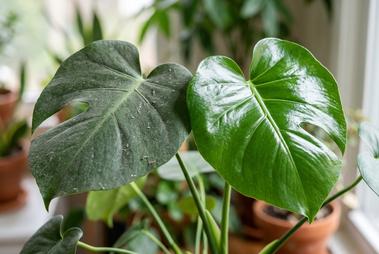 Dusty vs Clean Leaf Surface Comparison on Popular Houseplants Comparison between dusty plant leaf and clean polished leaf showing stomatal clarity