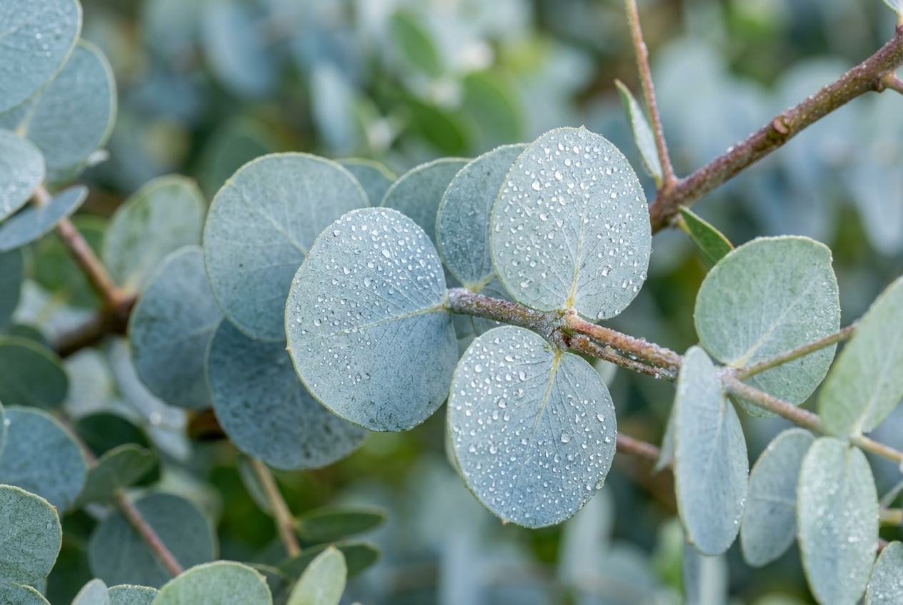 Close-up of eucalyptus leaves showing distinctive silvery-blue color and round juvenile leaf shape with water droplets