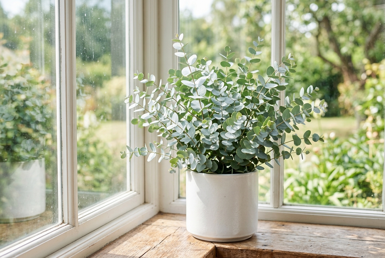 Potted eucalyptus plant with silvery-blue round leaves in a modern white ceramic pot on a sunny windowsill