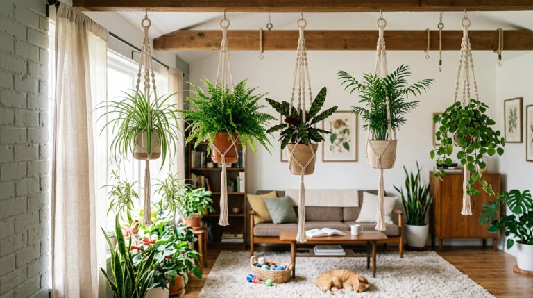 Row of hanging macrame planters displaying houseplants safe for cats suspended safely out of feline reach
