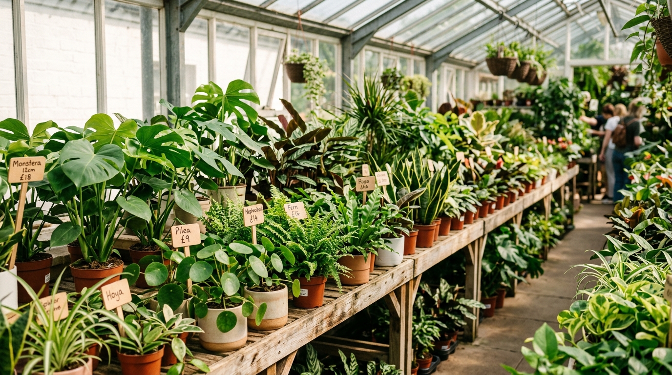 Best Indoor Houseplants for Low Light: 7 Joyful Picks 1 Lush greenhouse display of houseplants near me on wooden nursery benches ready for selection