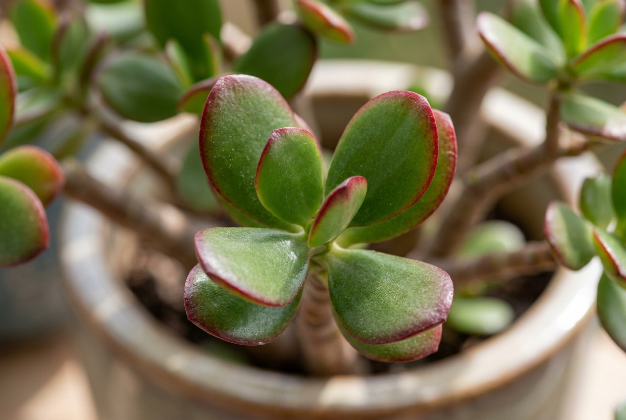 Jade Plant Care: 7 Secrets for a Thick Woody Trunk 3 Close-up of jade plant leaves showing thick fleshy succulent texture with reddish edges from sun exposure