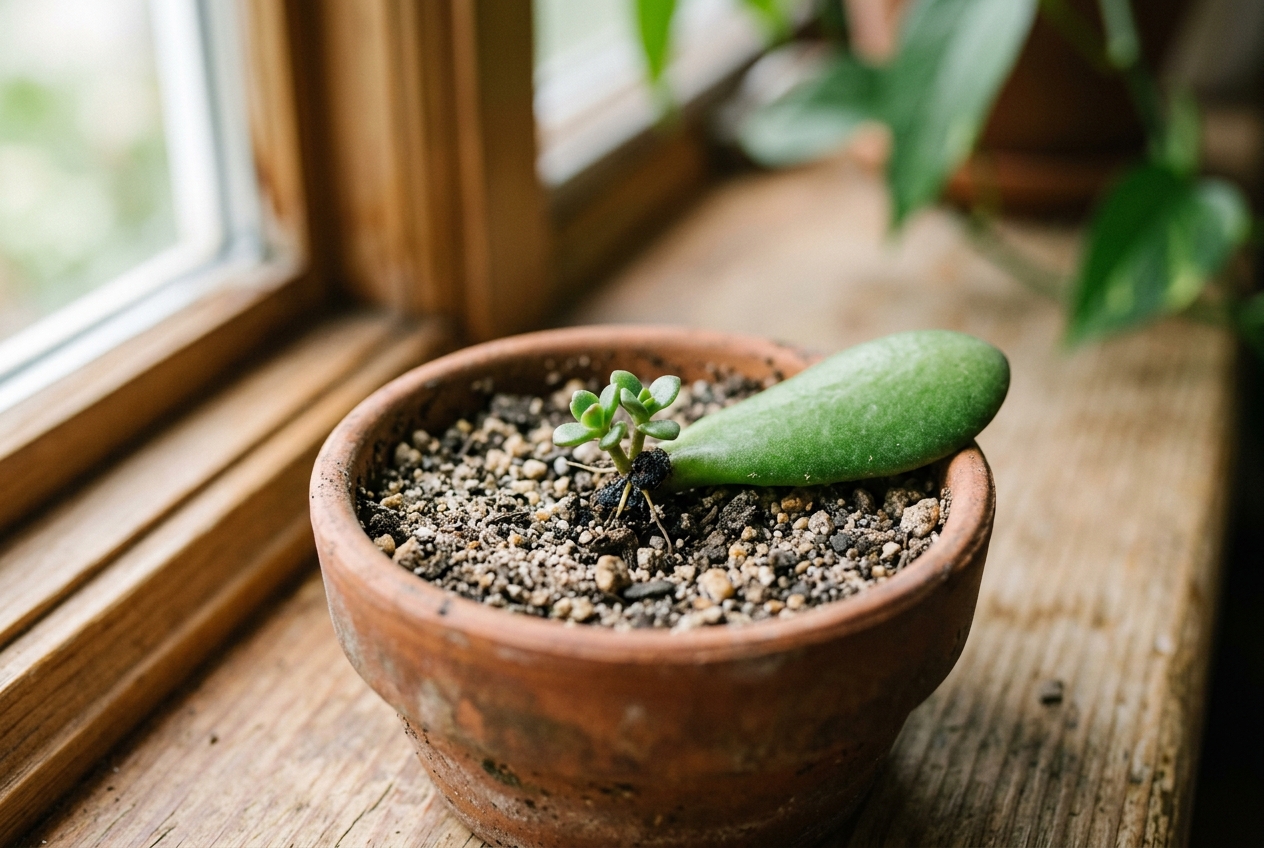 Jade Plant Care: 7 Secrets for a Thick Woody Trunk 4 Jade plant leaf cutting on dry soil with a tiny new plantlet sprouting from the base