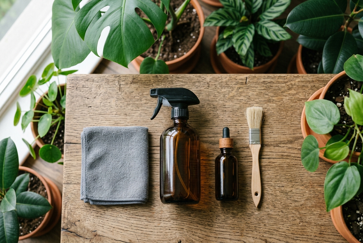Essential Maintenance Toolkit for Popular Houseplants Toolkit for maintaining popular houseplants including soft microfiber cloths, shears, and watering tools