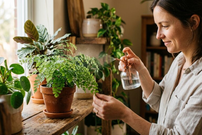 Person misting delicate fern leaves with a fine spray bottle for gentle cleaning
