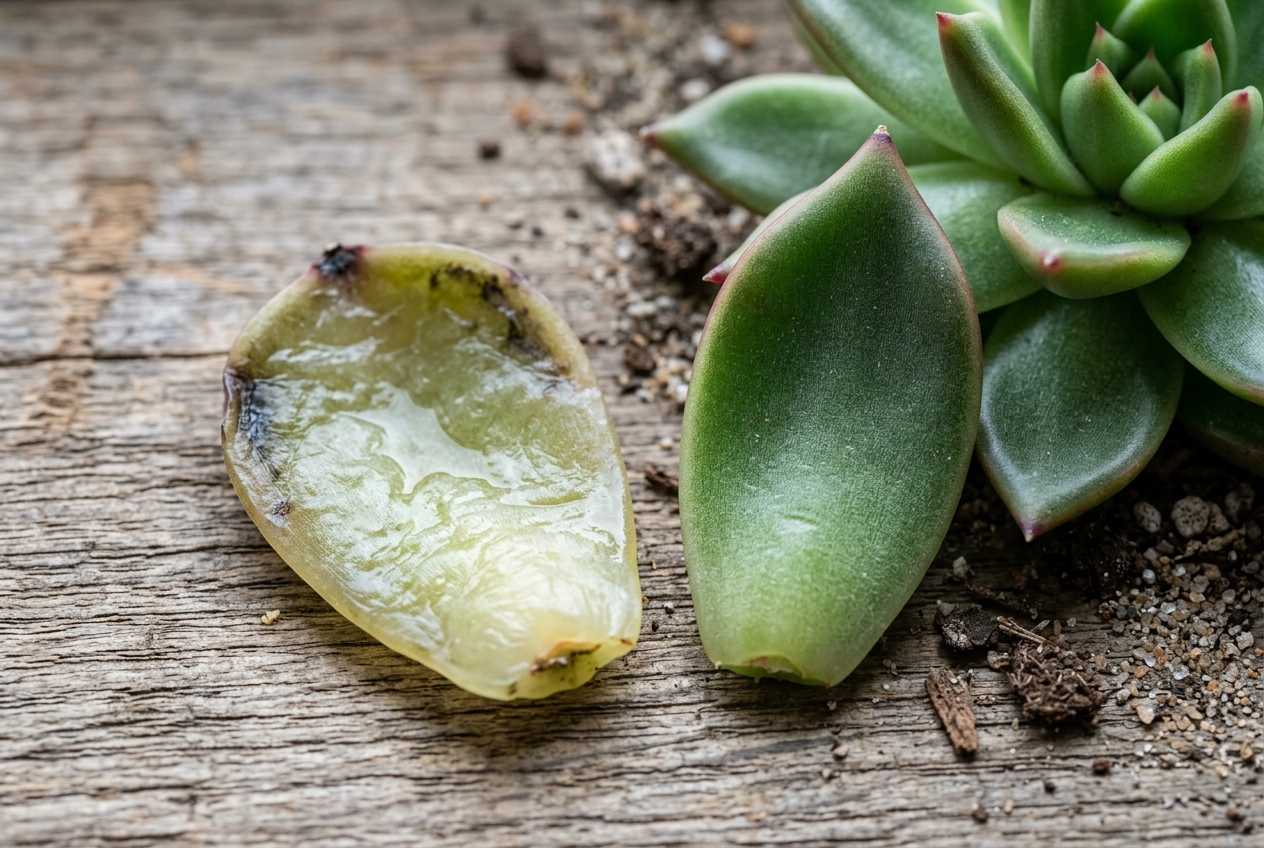 How to Water Succulents: 7 Proven Rules for Healthy Growth 2 Comparison of an overwatered translucent mushy succulent leaf next to a healthy firm plump succulent leaf