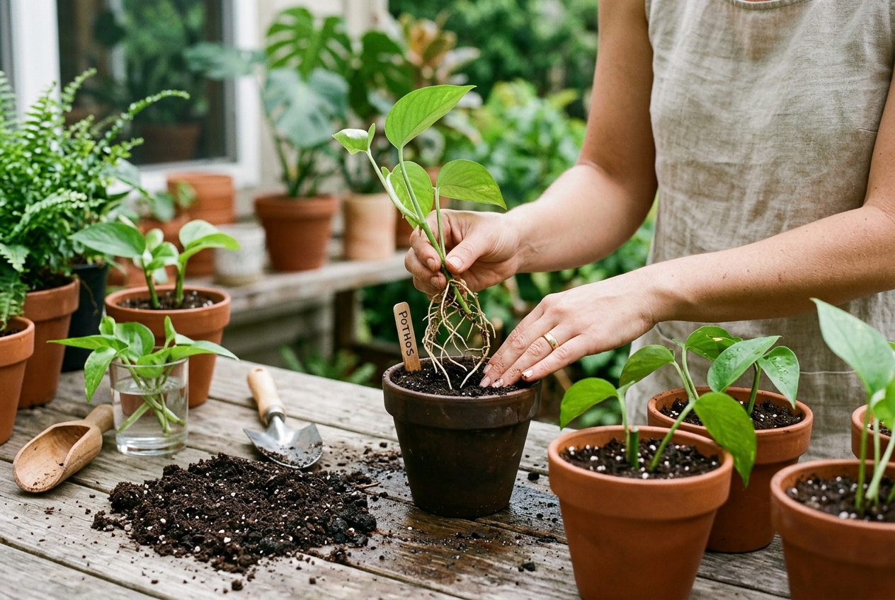 Hands planting rooted trailing vine cuttings into fresh, airy potting soil inside a hanging container