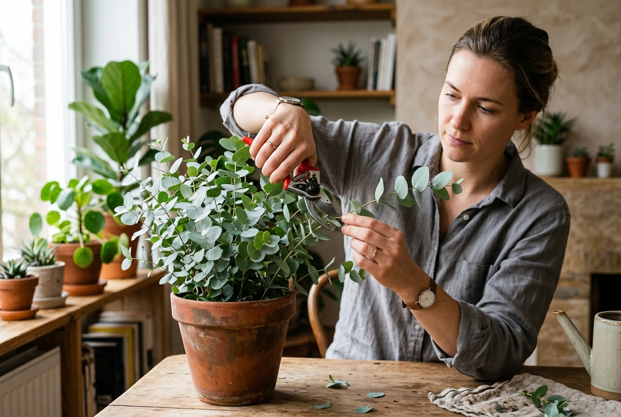 Person pruning a potted indoor eucalyptus plant with pruning shears to keep it compact and bushy