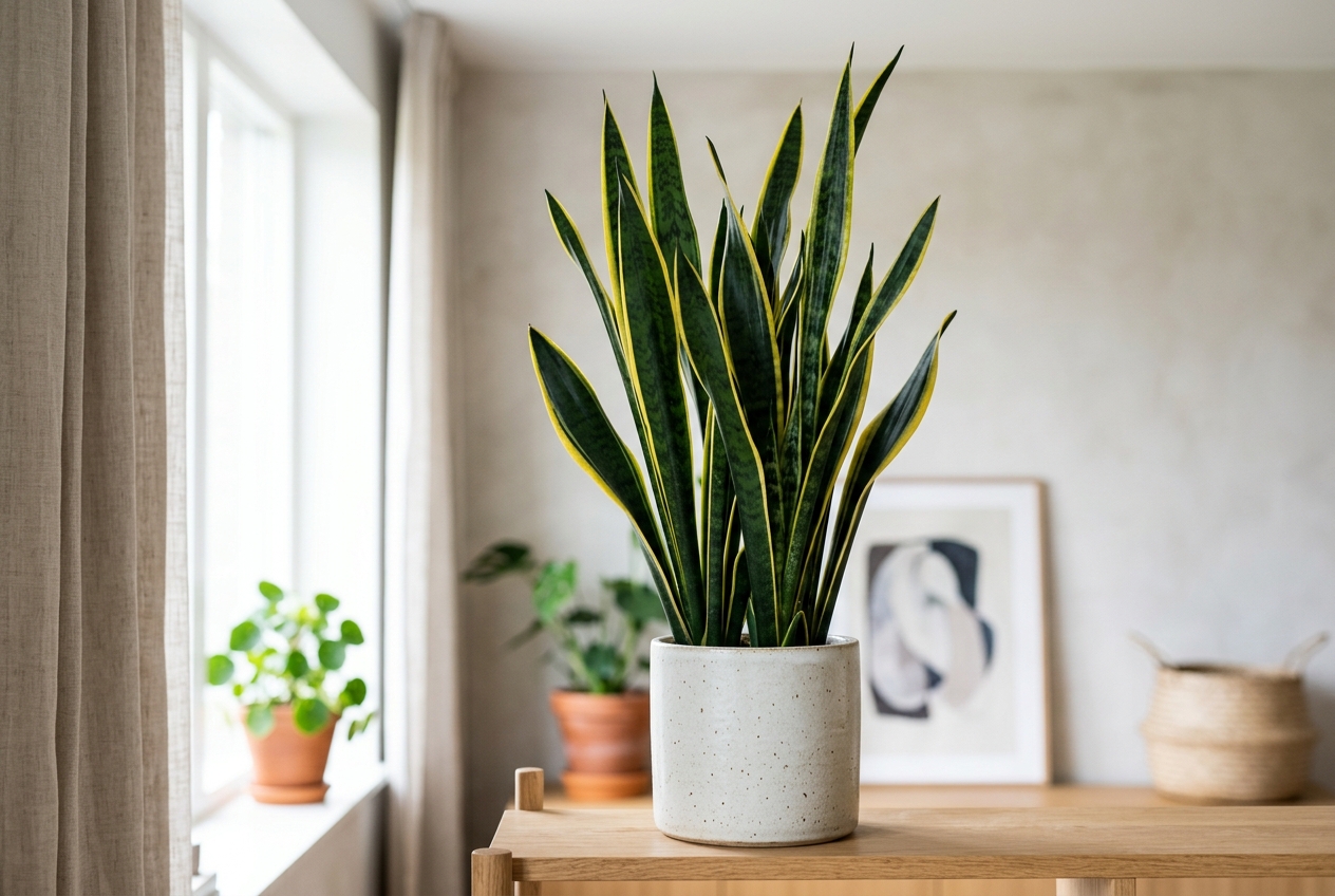Sansevieria Lighting Architecture Snake plant Sansevieria positioned in optimal bright indirect lighting next to a sheer curtain