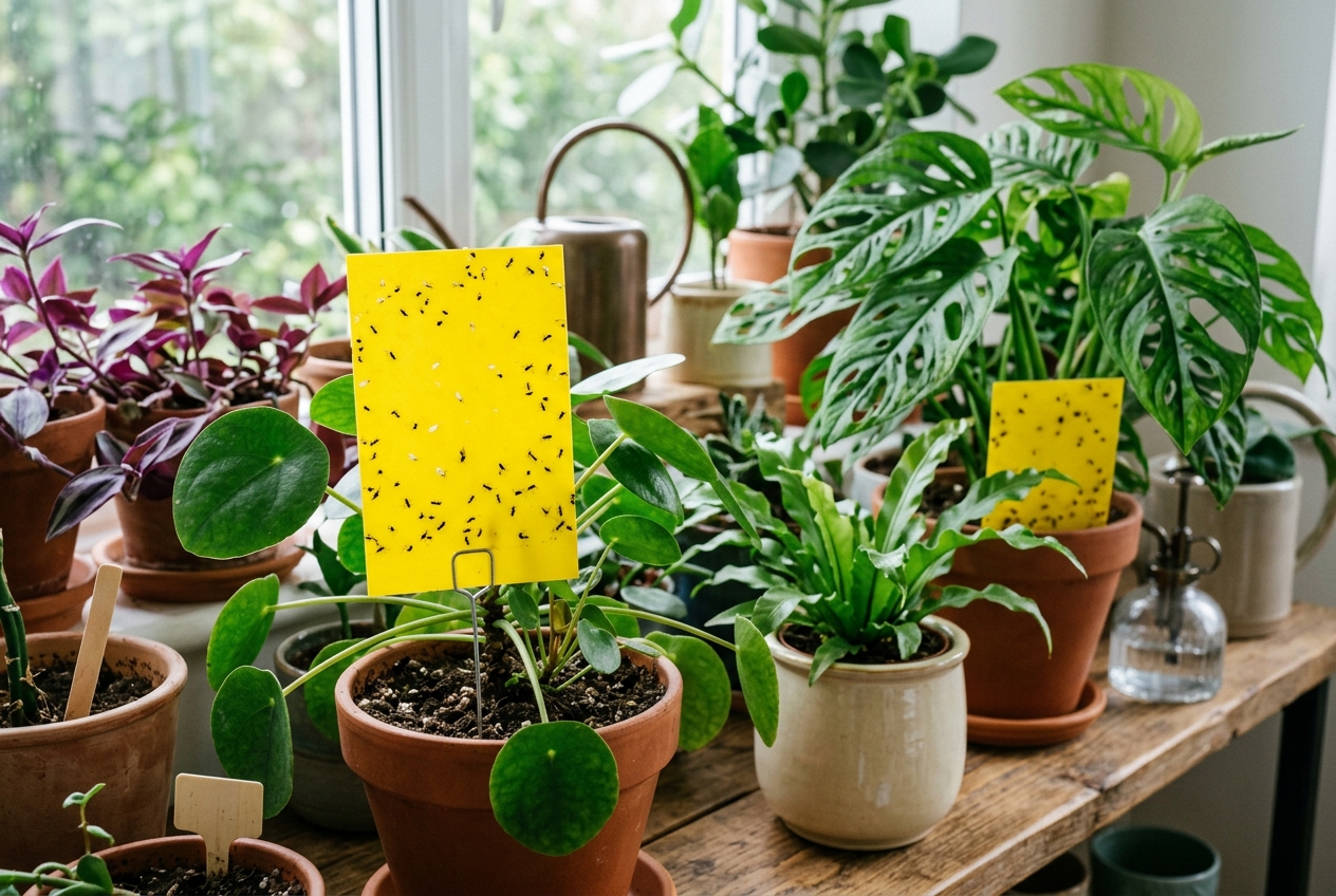 Houseplant Insects How to Get Rid of: 7 Proven Safe Methods 7 Yellow sticky insect trap mounted in the soil of a potted houseplant catching adult fungus gnats