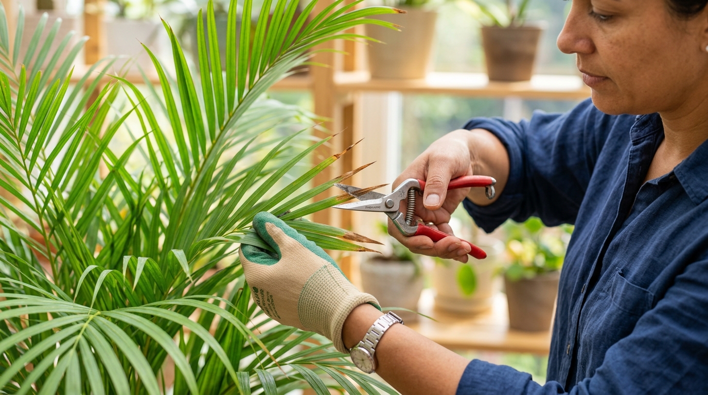 Dracaena Houseplant: 7 Proven Secrets for Indestructible Care 6 Pruning brown leaf tips on houseplant foliage with sharp scissors