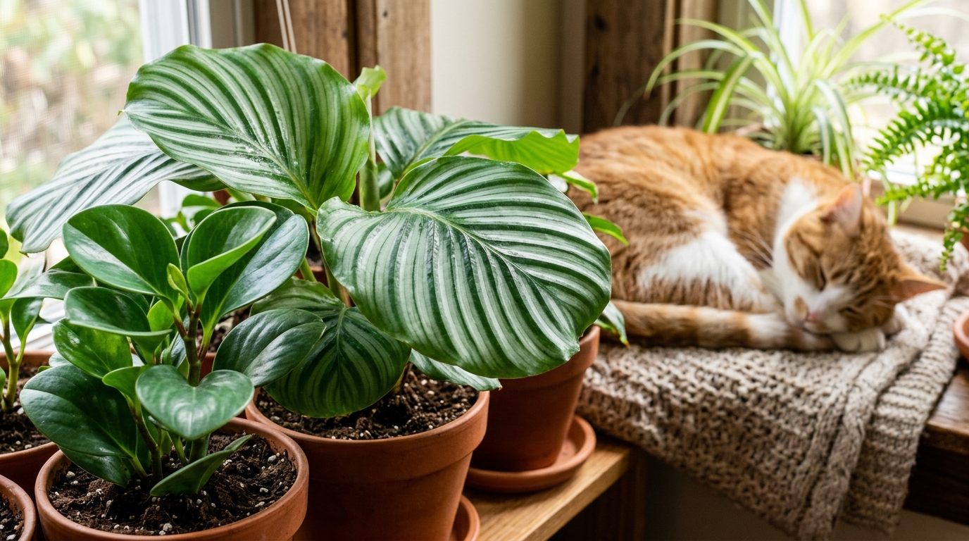 Pet safe flowering calathea houseplant displayed safely on indoor table in a home with cats