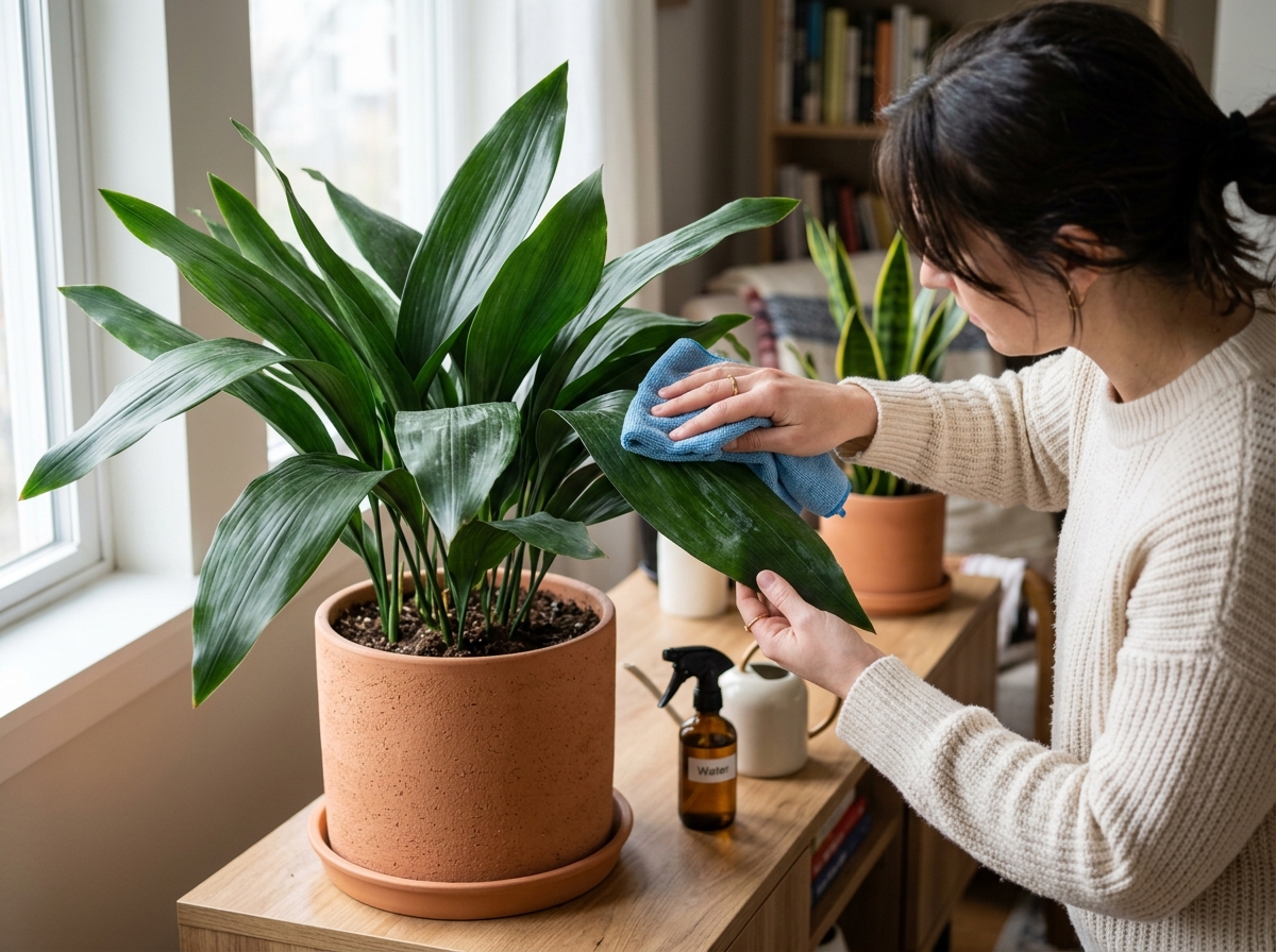 Inspecting and grooming healthy foliage and stem structure of flowering garlic plant