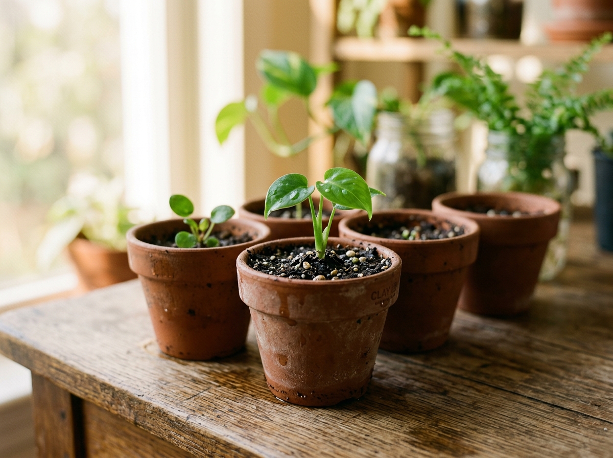 Houseplant Seeds: 7 Proven Steps to Grow Joyful Plants 1 Terracotta pots with delicate tropical houseplant sprouts germinating in organic seed starting mix
