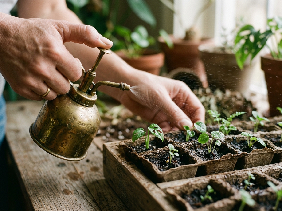 Houseplant Seeds: 7 Proven Steps to Grow Joyful Plants 5 Gardener gently misting young houseplant seedling cells using a vintage brass plant mister