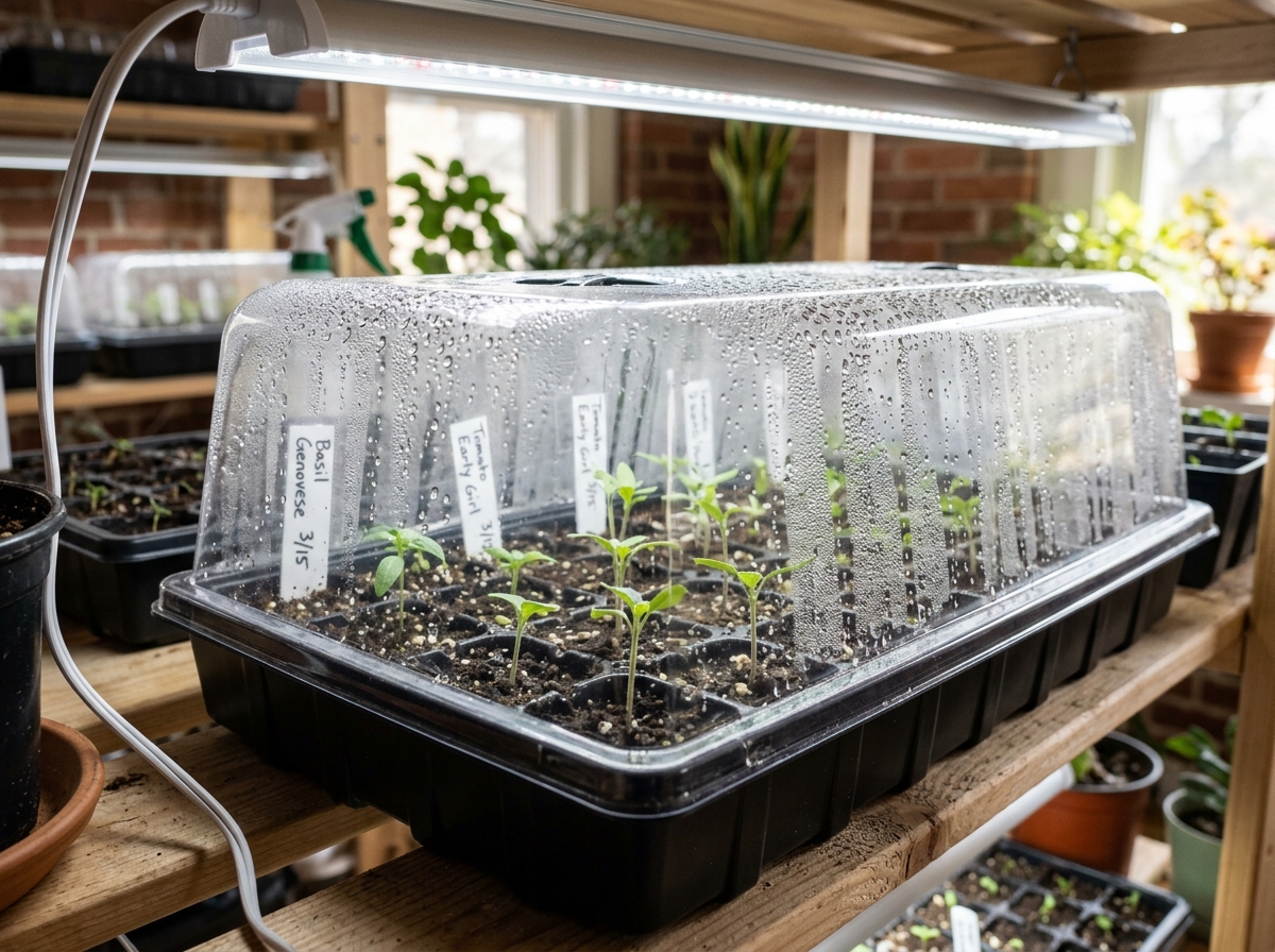 Houseplant Seeds: 7 Proven Steps to Grow Joyful Plants 4 Seed starting cell tray beneath clear humidity dome with condensation beads under grow light
